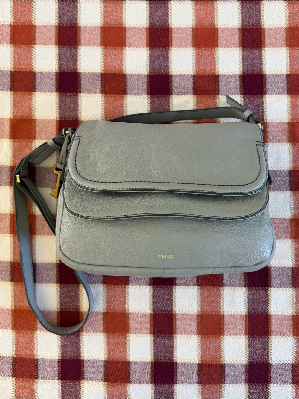 ✨Fossil Peyton Grey Pebbled Leather Double Flap Crossbody Bag ✨